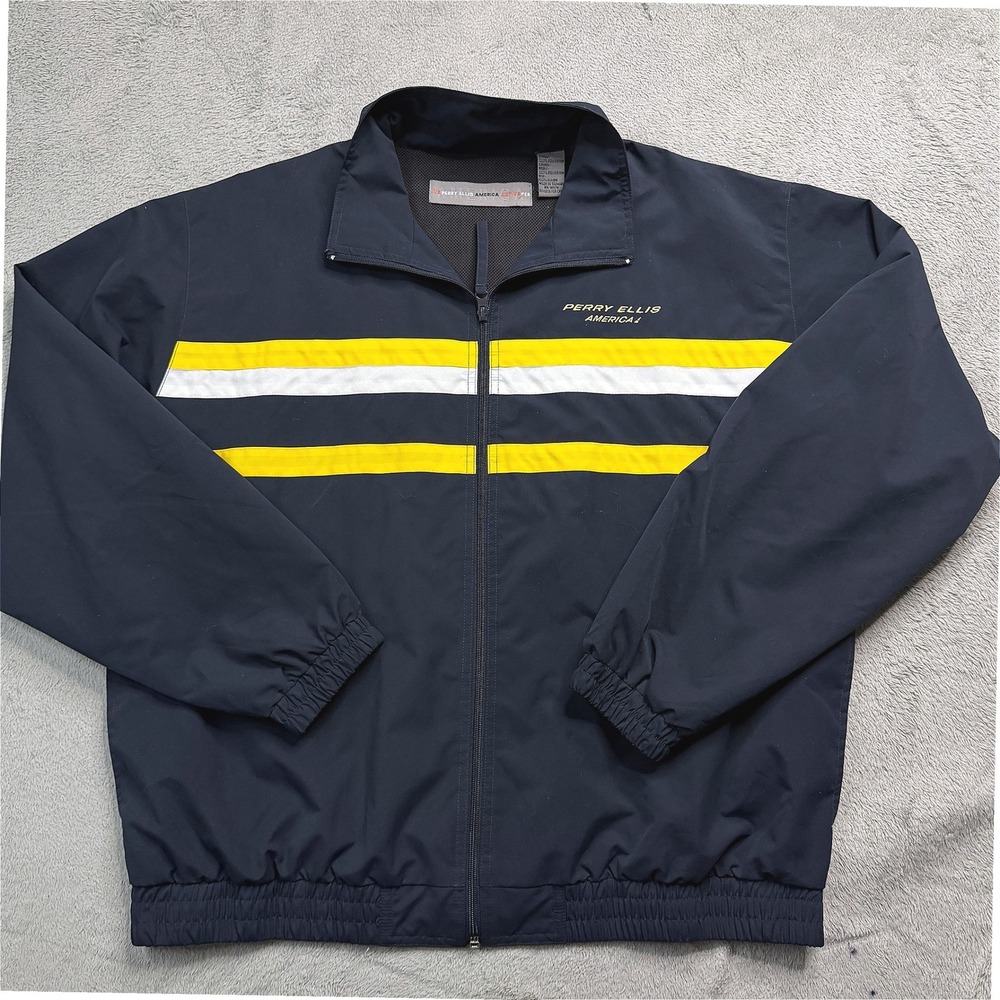 Perry Ellis America Active Mens Large Windbreaker Jacket Navy Blue Yellow Stripe